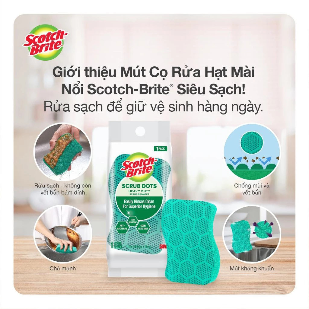 SCOTCH-BRITE™ Miếng cọ rửa hạt mài nổi có mút siêu sạch, 1 miếng/gói, , large image number 1